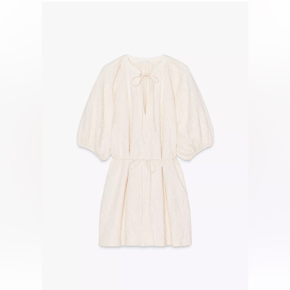 Zara Belted Jacquard Dress in Cream